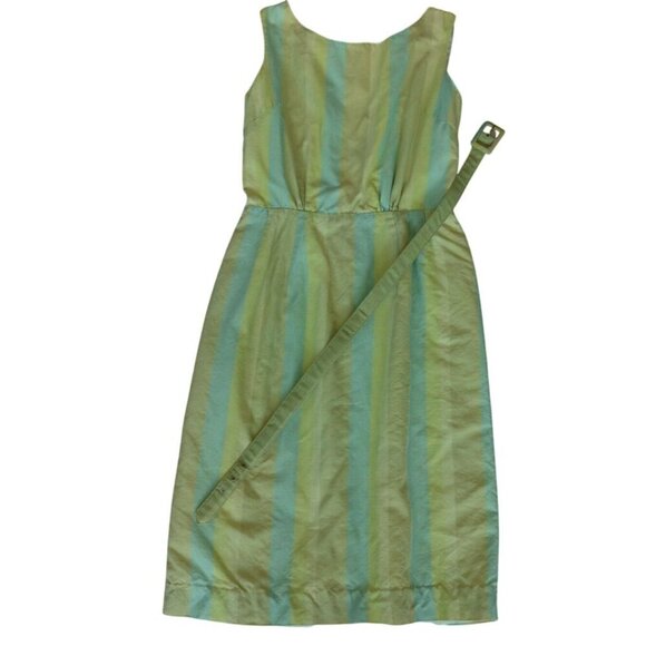 Vintage 60s Handmade Pastel Blue Green Striped Shift Belted Dress Womens Size XS - Picture 11 of 11